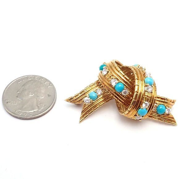 Vintage Tiffany & Co. 18k Yellow Gold Diamond Turquoise Bamboo Bow Pin Brooch - Picture 3 of 11